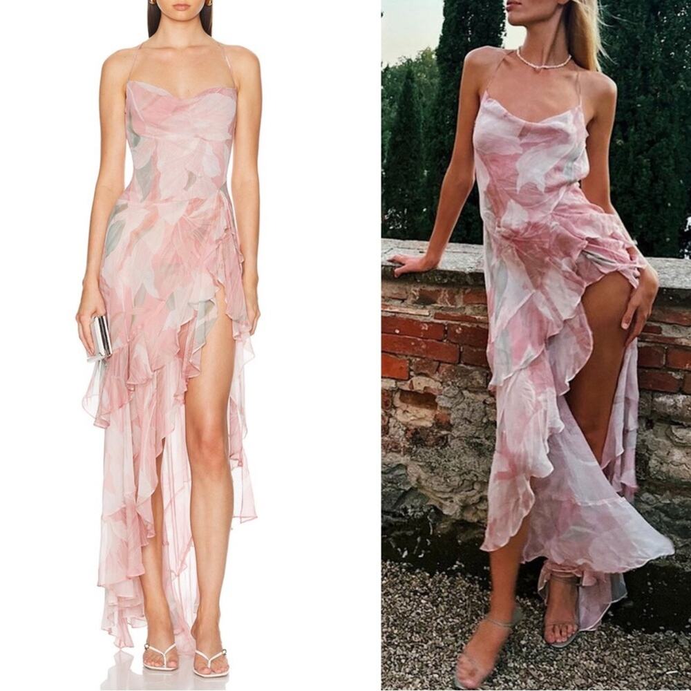 RETROFETE Samara Silk Chiffon Ruffle Tiered Pink Floral Maxi Dress Size Large
